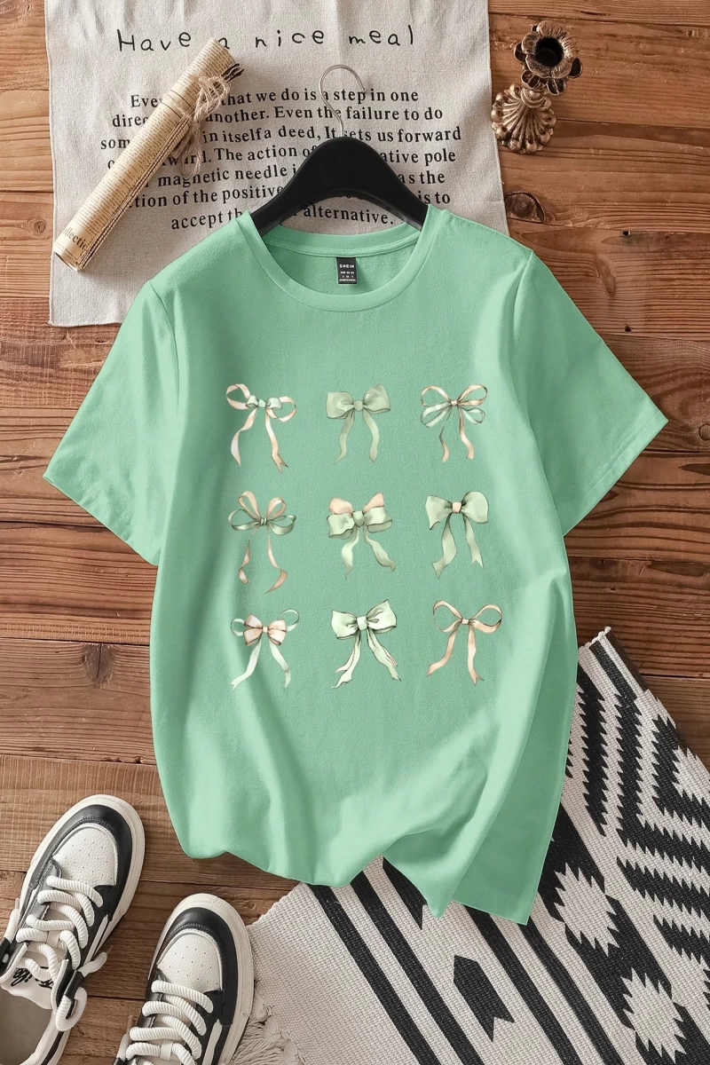Casual Loose Lattice Bow Decor Yuvarlak Yaka Kısa Kollu Tişört Kadınlar İçin, Pamuk