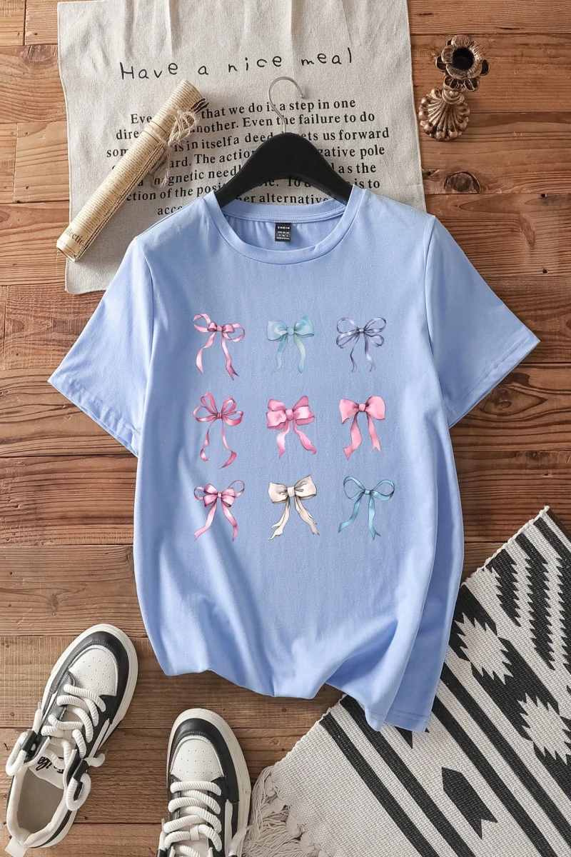 Casual Loose Lattice Bow Decor Yuvarlak Yaka Kısa Kollu Tişört Kadınlar İçin, Pamuk