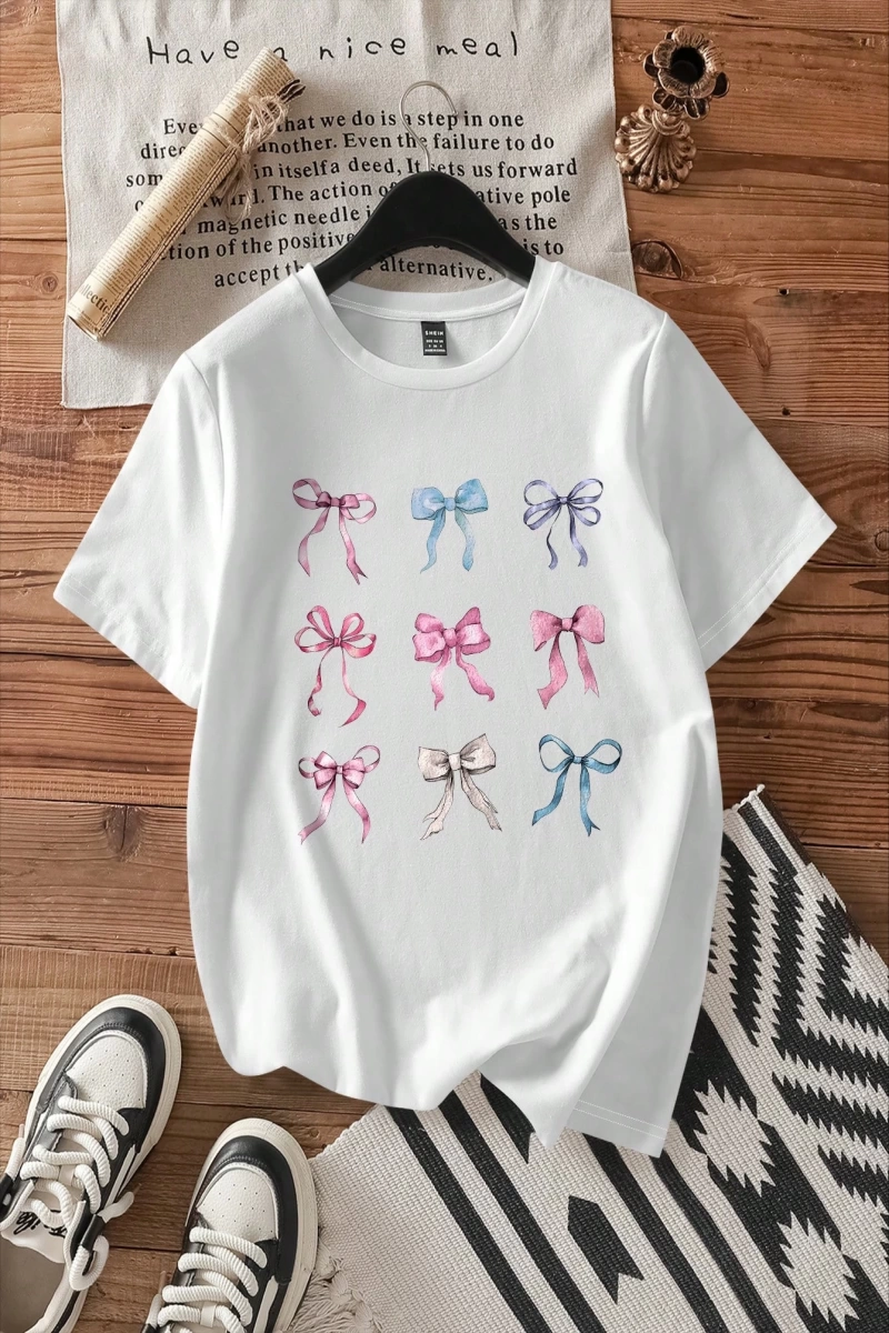 Casual Loose Lattice Bow Decor Yuvarlak Yaka Kısa Kollu Tişört Kadınlar İçin, Pamuk