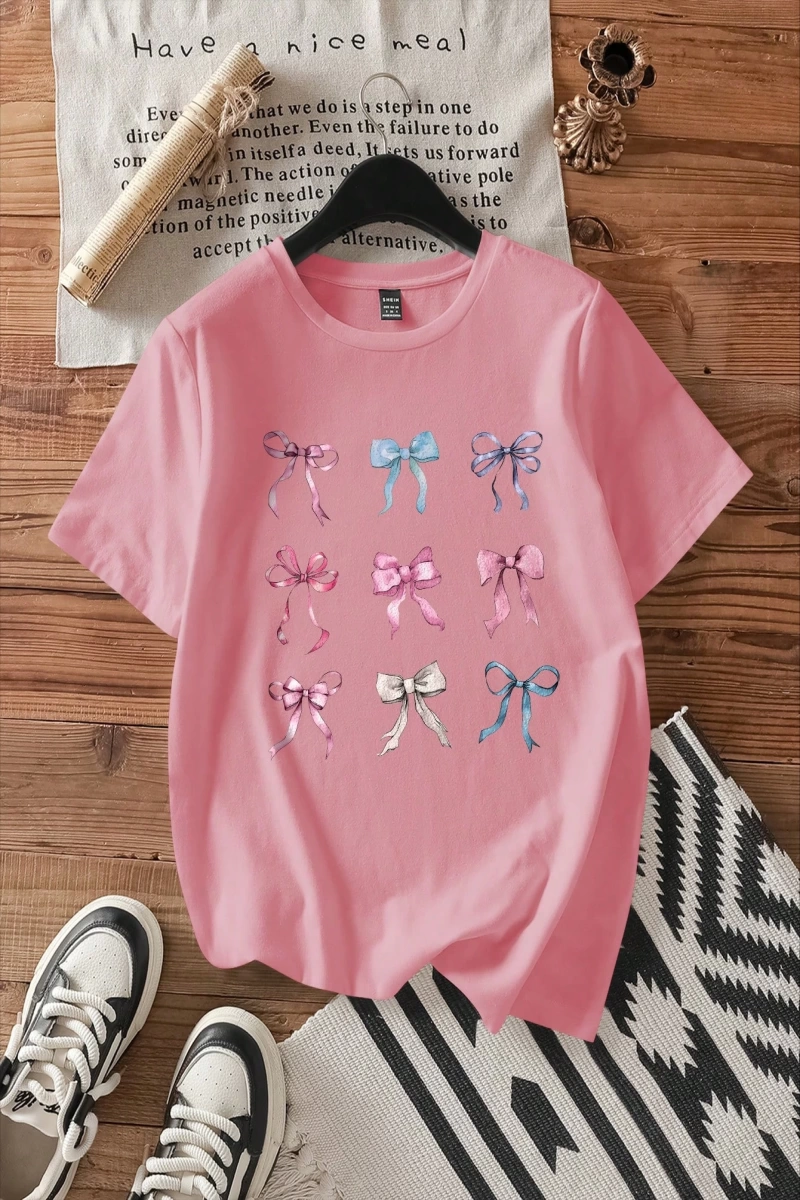 Casual Loose Lattice Bow Decor Yuvarlak Yaka Kısa Kollu Tişört Kadınlar İçin, Pamuk
