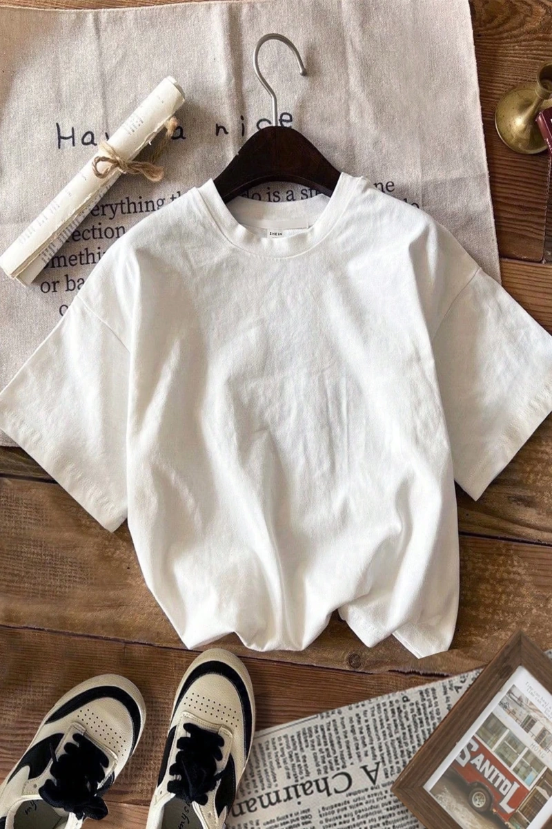 Casual Loose Lattice Bow Decor Yuvarlak Yaka Kısa Kollu Tişört Kadınlar İçin, Pamuk