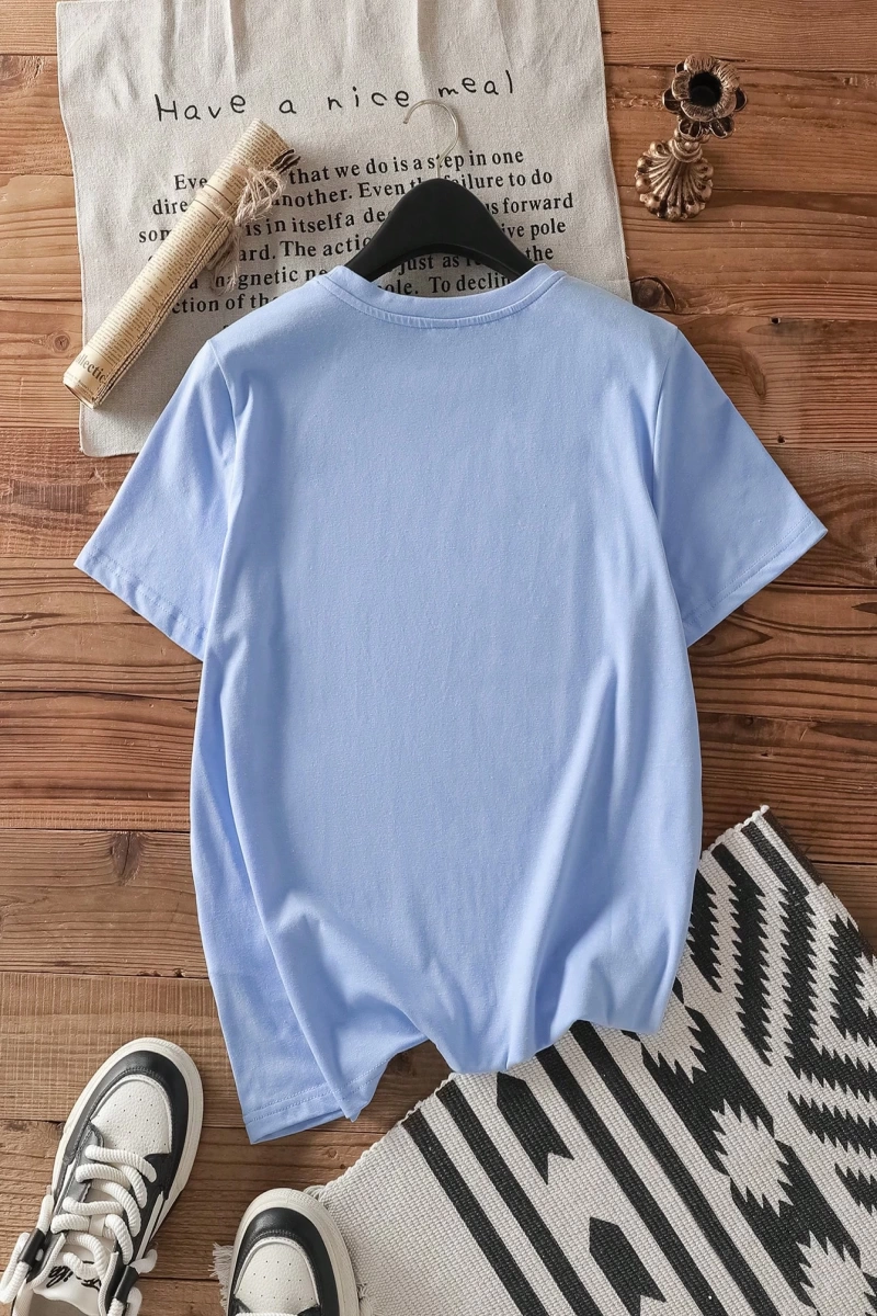 Casual Loose Lattice Bow Decor Yuvarlak Yaka Kısa Kollu Tişört Kadınlar İçin, Pamuk
