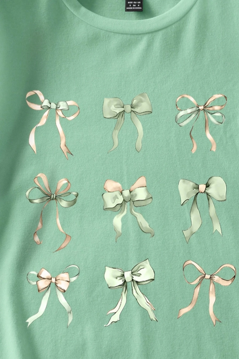 Casual Loose Lattice Bow Decor Yuvarlak Yaka Kısa Kollu Tişört Kadınlar İçin, Pamuk
