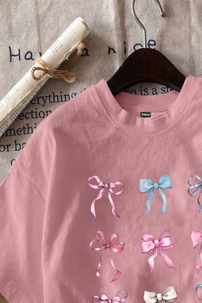 Casual Loose Lattice Bow Decor Yuvarlak Yaka Kısa Kollu Tişört Kadınlar İçin, Pamuk