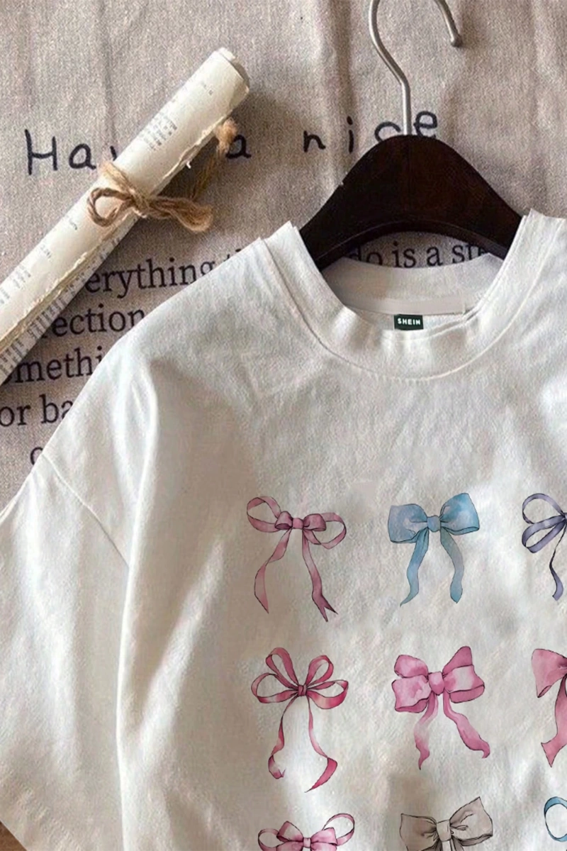 Casual Loose Lattice Bow Decor Yuvarlak Yaka Kısa Kollu Tişört Kadınlar İçin, Pamuk