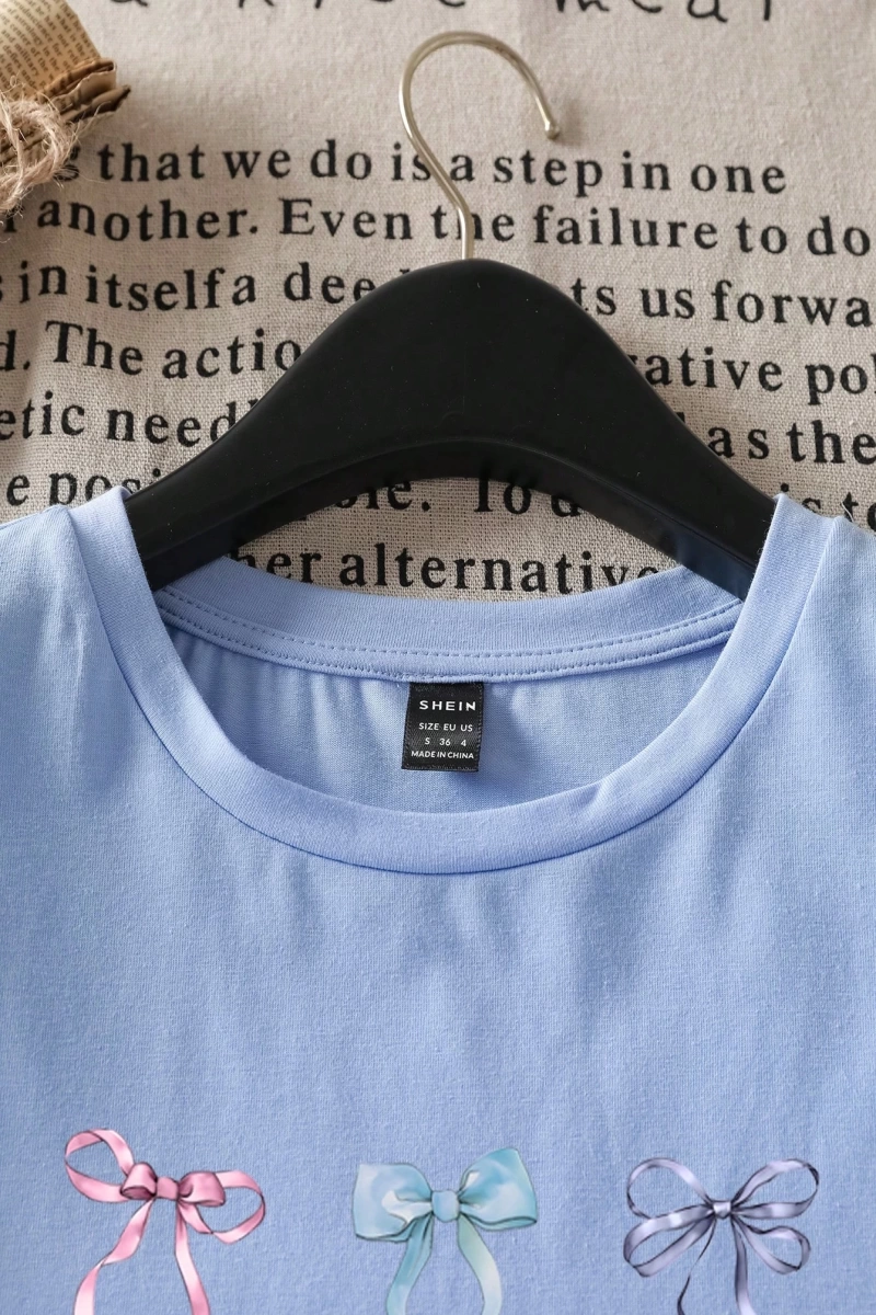 Casual Loose Lattice Bow Decor Yuvarlak Yaka Kısa Kollu Tişört Kadınlar İçin, Pamuk