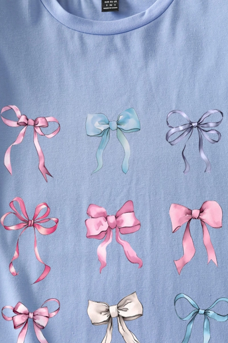 Casual Loose Lattice Bow Decor Yuvarlak Yaka Kısa Kollu Tişört Kadınlar İçin, Pamuk