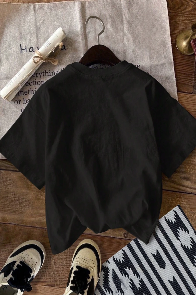 Casual Loose Leaf Desen Yuvarlak Yaka Kısa Kollu Kadın Tişörtü, Sokak %34 Pamuk, Yaz
