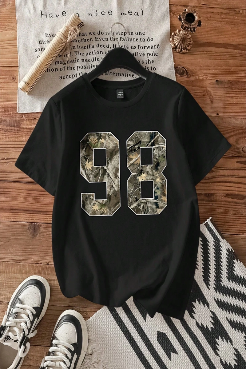 Casual Loose Leaf Desen Yuvarlak Yaka Kısa Kollu Kadın Tişörtü, Yaz İçin Uygun