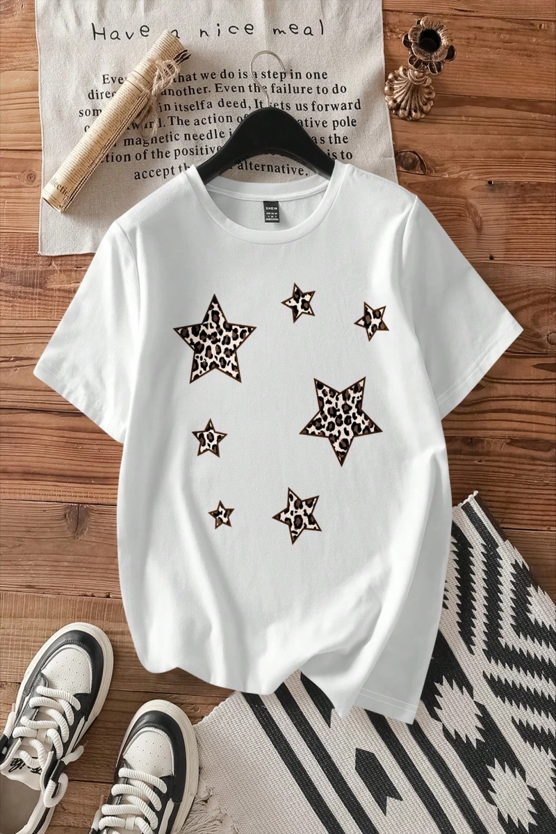 Casual Loose Leopar Desenli Pentagram Grafik Yuvarlak Yaka Kısa Kollu Pamuk Karı