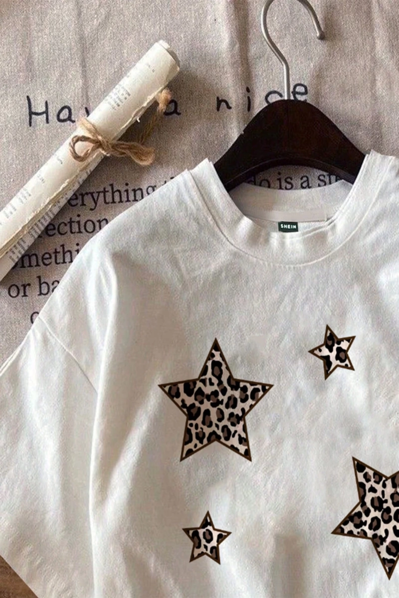 Casual Loose Leopar Desenli Pentagram Grafik Yuvarlak Yaka Kısa Kollu Pamuk Karı