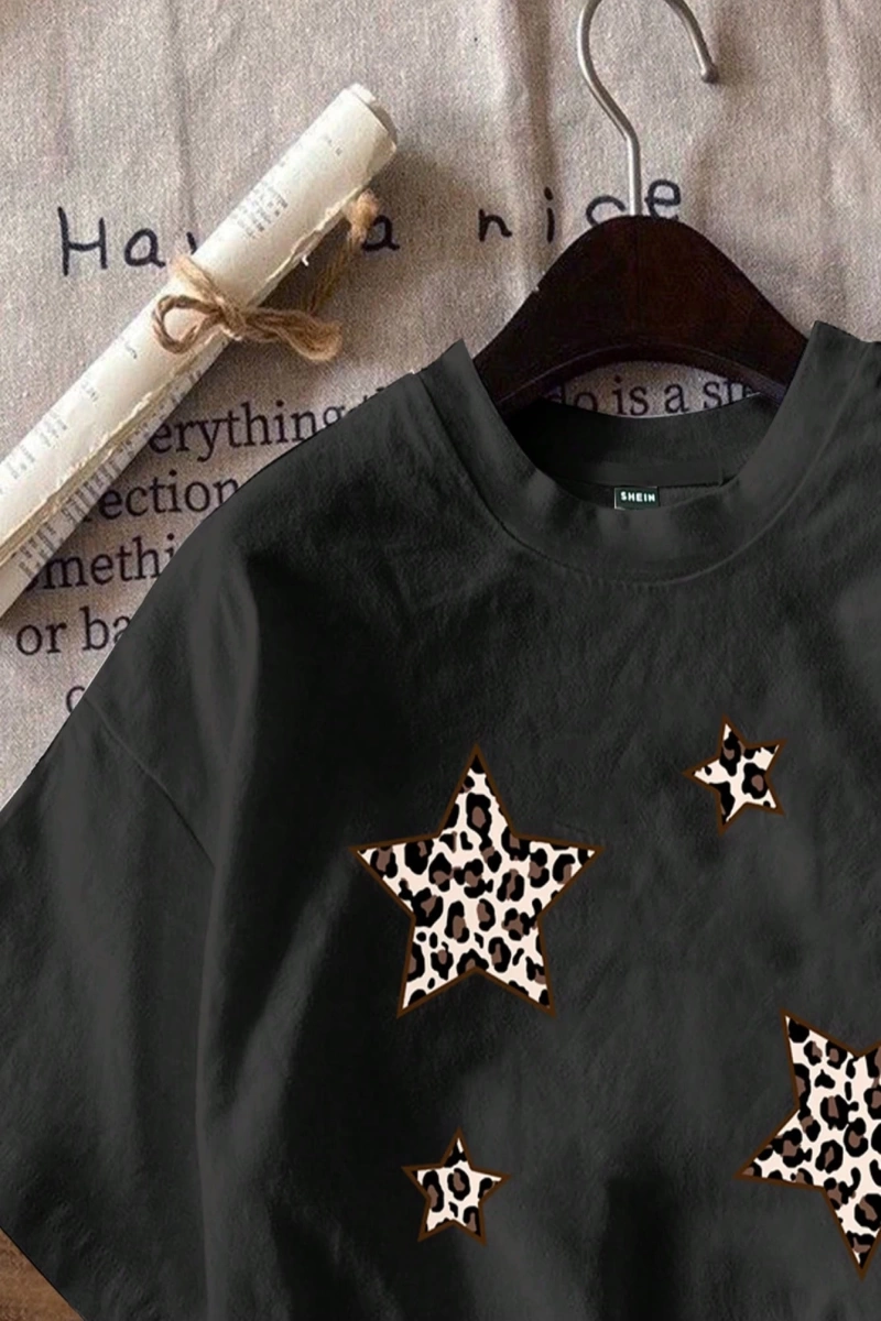 Casual Loose Leopar Desenli Pentagram Grafik Yuvarlak Yaka Kısa Kollu Pamuk Karı