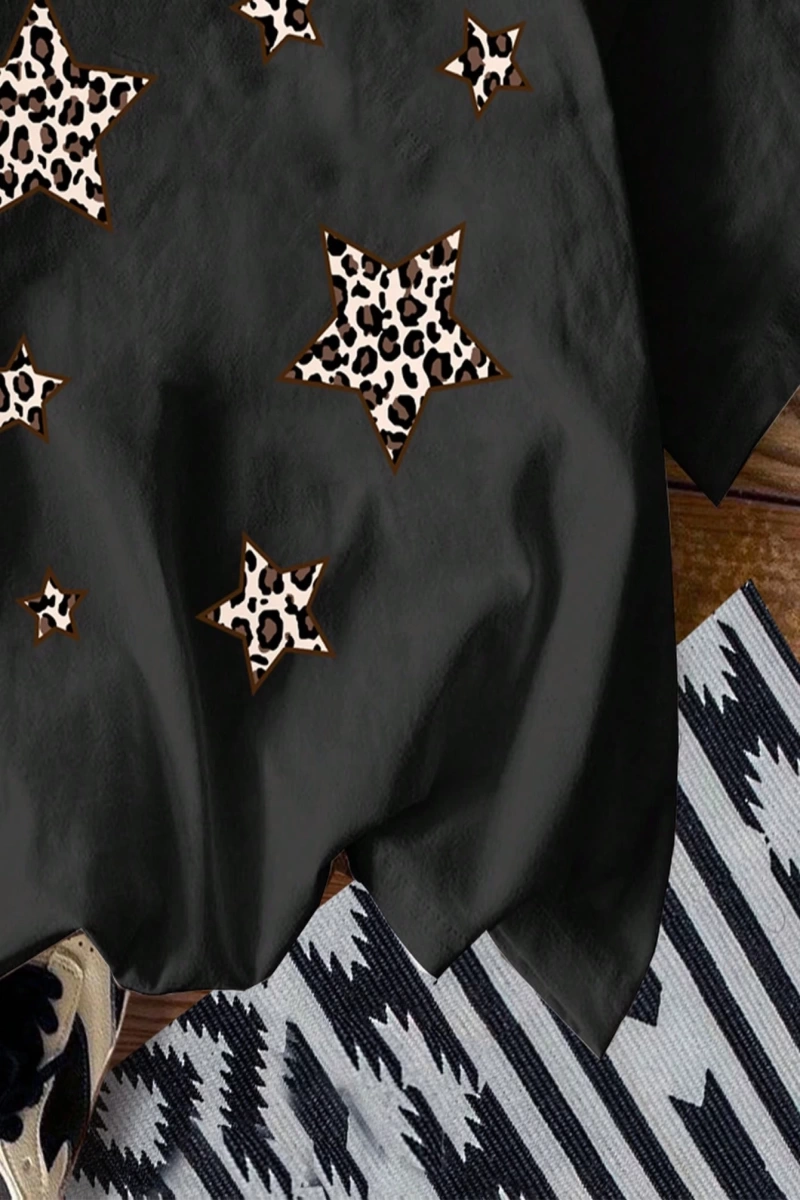 Casual Loose Leopar Desenli Pentagram Grafik Yuvarlak Yaka Kısa Kollu Pamuk Karı