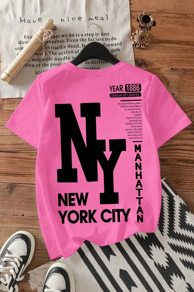 Casual Loose NY Grafik Yuvarlak Yaka Kısa Kollu Tişört Kadınlar İçin, Yaz İçin Uygun