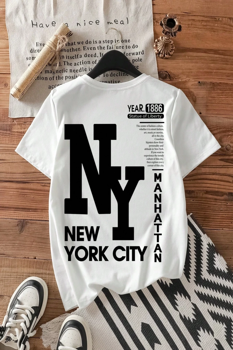 Casual Loose NY Grafik Yuvarlak Yaka Kısa Kollu Tişört Kadınlar İçin, Yaz İçin Uygun