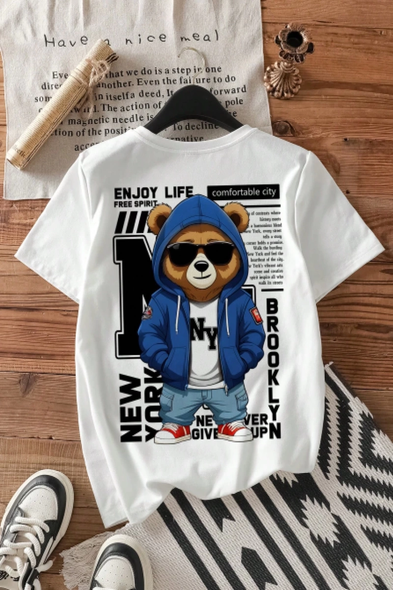 Casual Loose NY Grafik Yuvarlak Yaka Kısa Kollu Tişört Kadınlar İçin, Yaz İçin Uygun