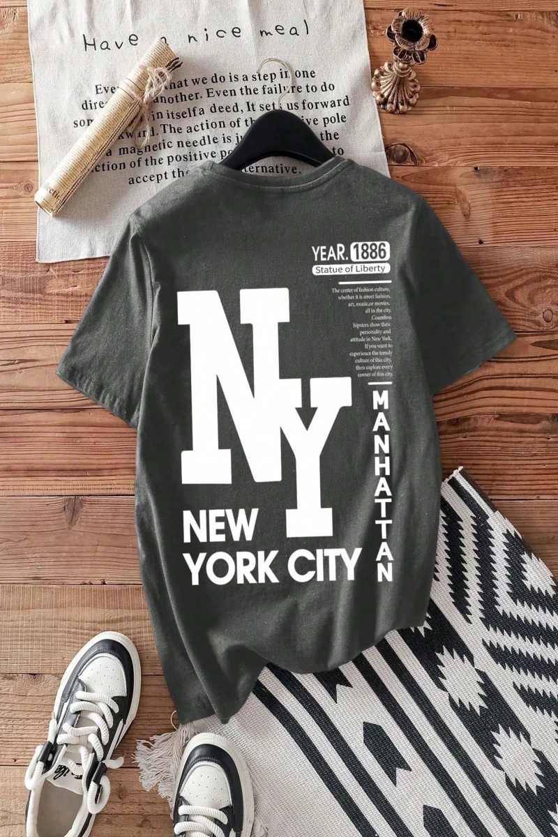 Casual Loose NY Grafik Yuvarlak Yaka Kısa Kollu Tişört Kadınlar İçin, Yaz İçin Uygun