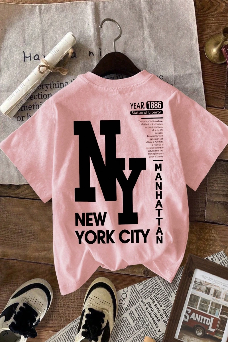 Casual Loose NY Grafik Yuvarlak Yaka Kısa Kollu Tişört Kadınlar İçin, Yaz İçin Uygun