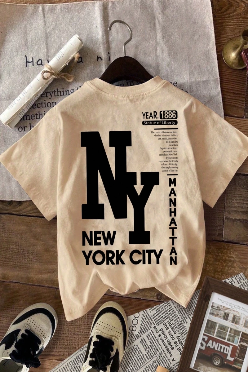 Casual Loose NY Grafik Yuvarlak Yaka Kısa Kollu Tişört Kadınlar İçin, Yaz İçin Uygun