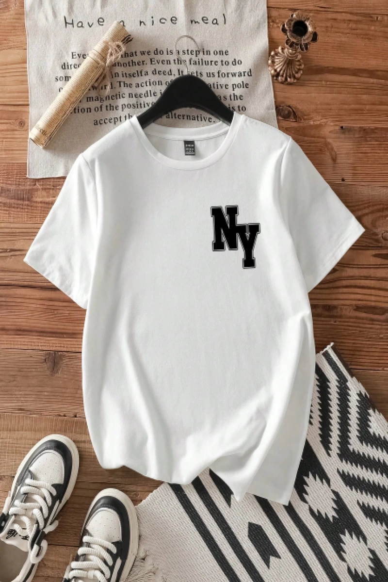 Casual Loose NY Grafik Yuvarlak Yaka Kısa Kollu Tişört Kadınlar İçin, Yaz İçin Uygun