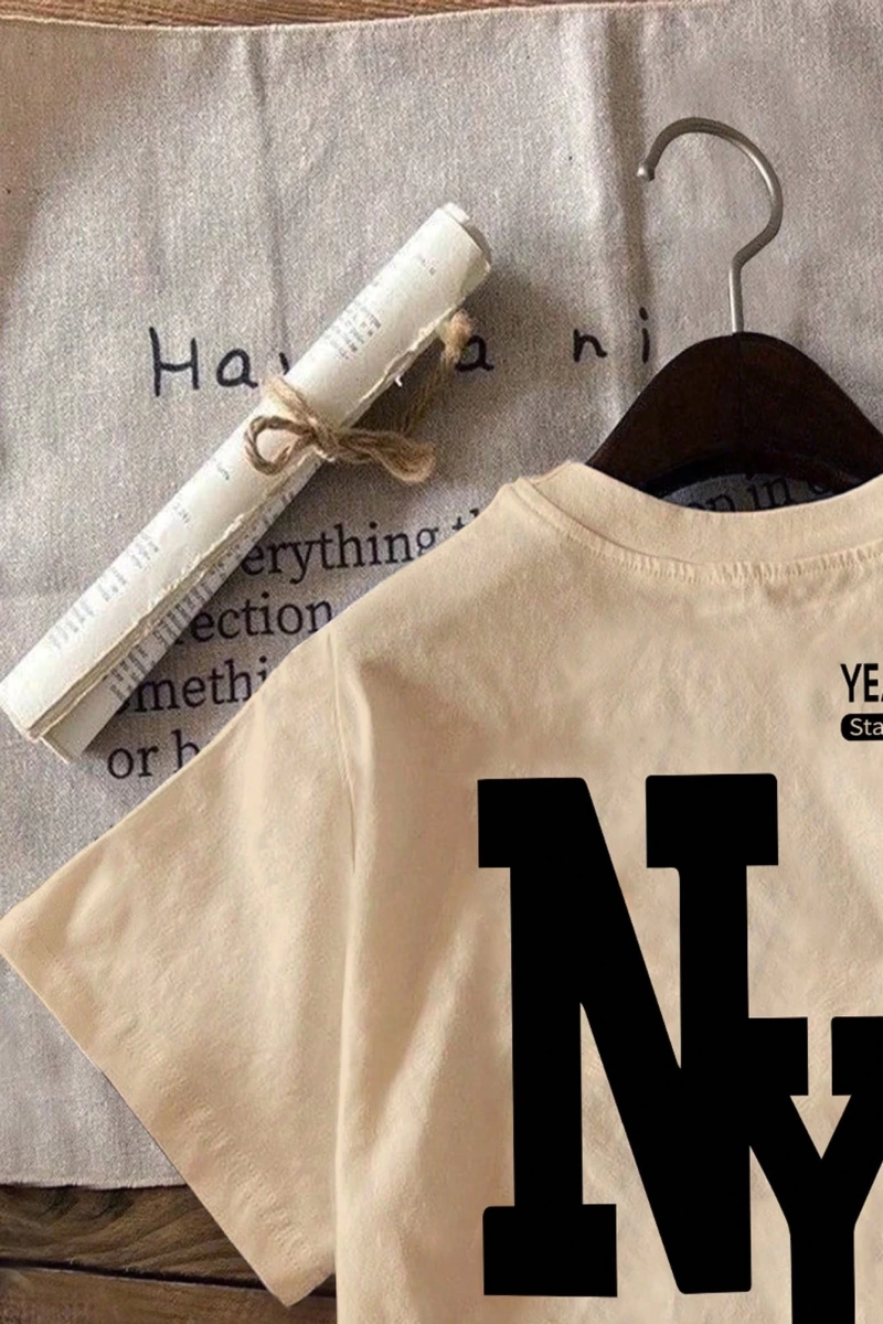 Casual Loose NY Grafik Yuvarlak Yaka Kısa Kollu Tişört Kadınlar İçin, Yaz İçin Uygun