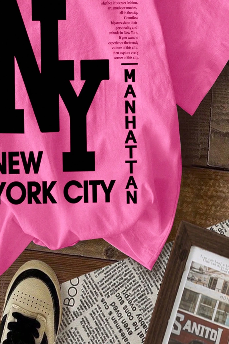 Casual Loose NY Grafik Yuvarlak Yaka Kısa Kollu Tişört Kadınlar İçin, Yaz İçin Uygun