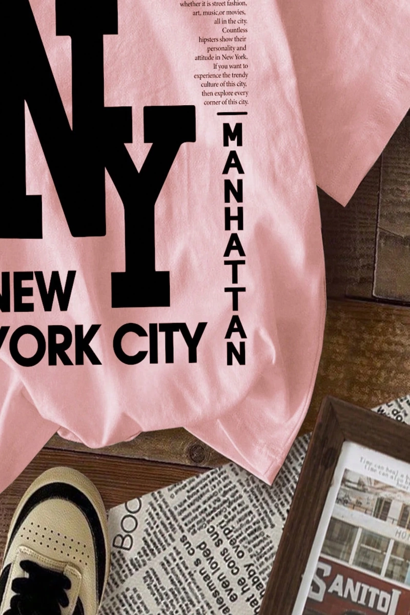 Casual Loose NY Grafik Yuvarlak Yaka Kısa Kollu Tişört Kadınlar İçin, Yaz İçin Uygun