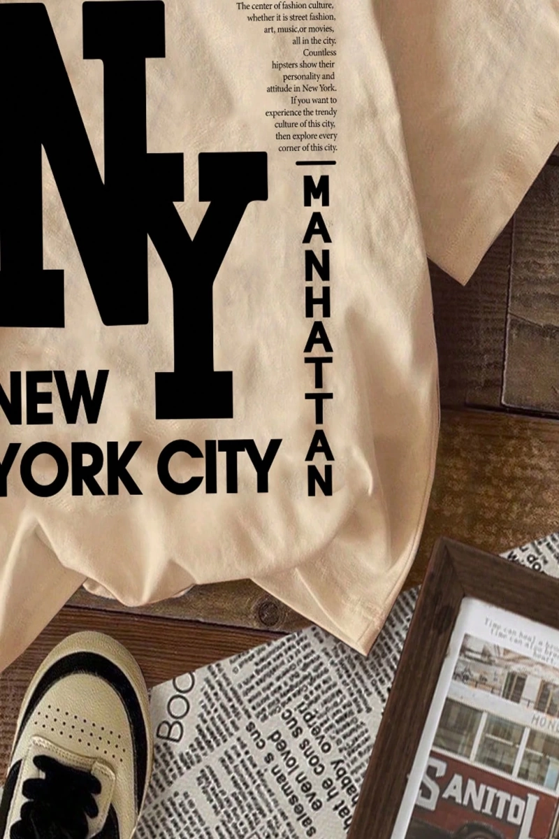 Casual Loose NY Grafik Yuvarlak Yaka Kısa Kollu Tişört Kadınlar İçin, Yaz İçin Uygun