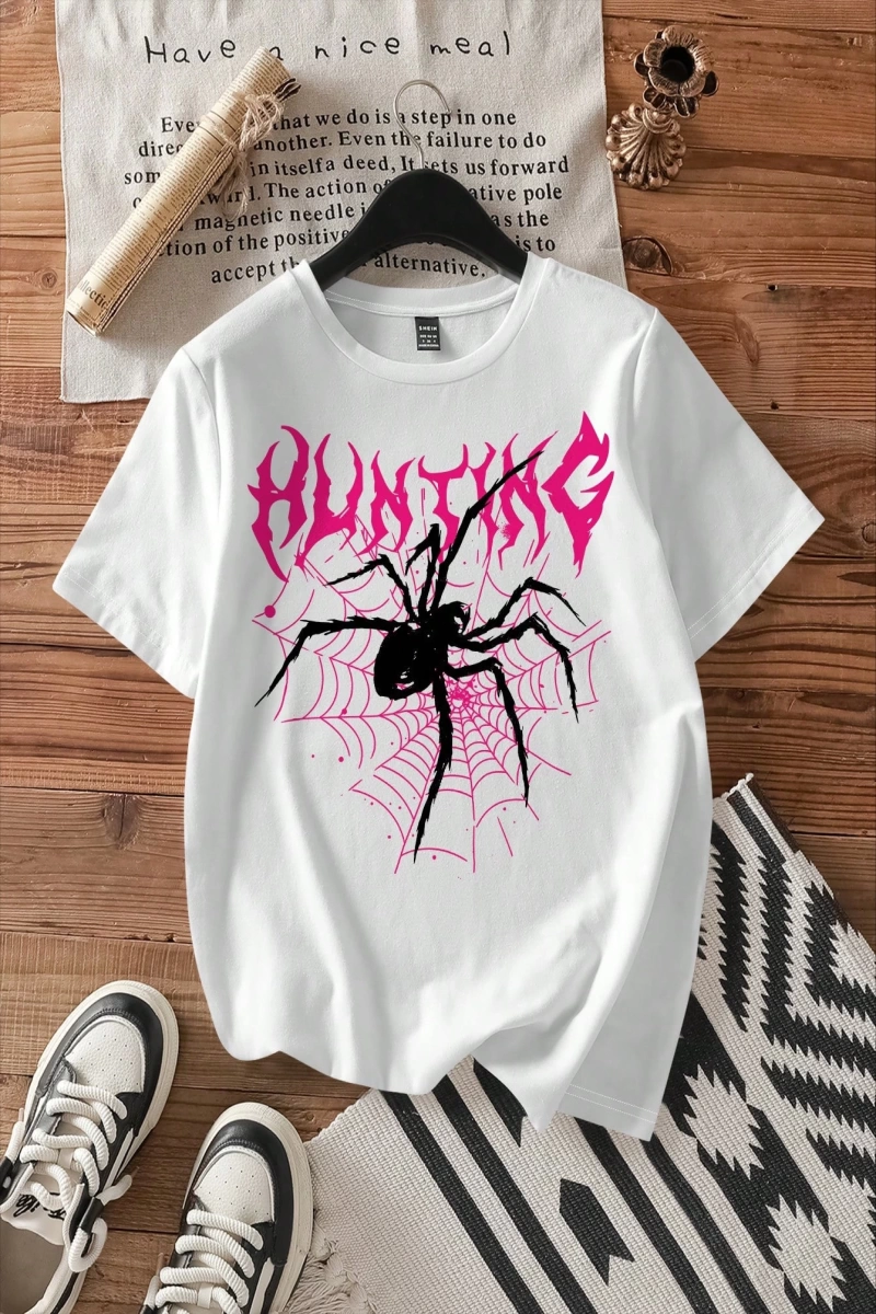 Casual Loose Örümcek Baskılı Yuvarlak Yaka Kısa Kollu Tişört Kadınlar İçin, Yaz İçin