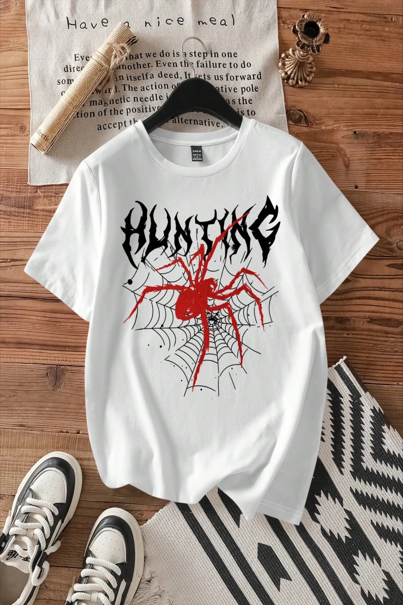 Casual Loose Örümcek Baskılı Yuvarlak Yaka Kısa Kollu Tişört Kadınlar İçin, Yaz İçin