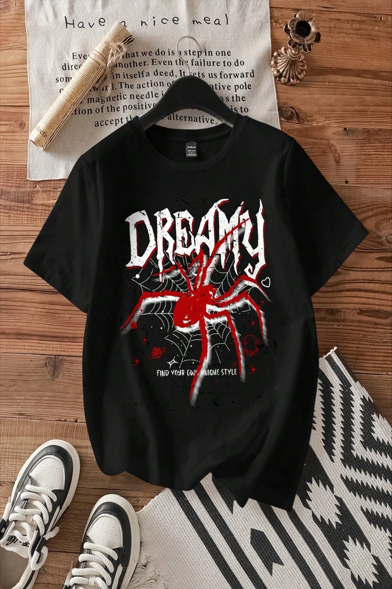 Casual Loose Örümcek Desen Yuvarlak Yaka Kısa Kollu Kadın Tişörtü, Yaz ve Cadılar Ba