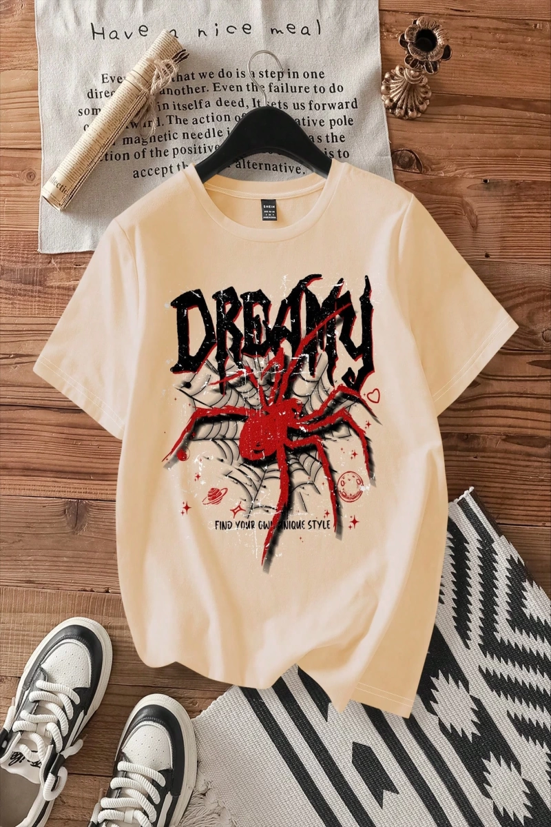 Casual Loose Örümcek Desen Yuvarlak Yaka Kısa Kollu Kadın Tişörtü, Yaz ve Cadılar Ba