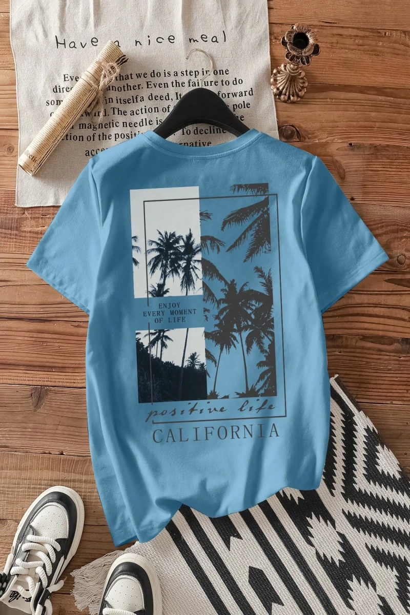 Casual Loose Palmiye Ağacı Baskılı Yuvarlak Yaka Kısa Kollu Pamuklu Tişört Kadınlar