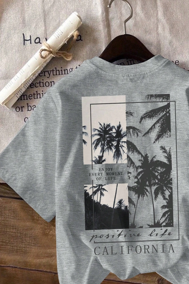 Casual Loose Palmiye Ağacı Baskılı Yuvarlak Yaka Kısa Kollu Pamuklu Tişört Kadınlar
