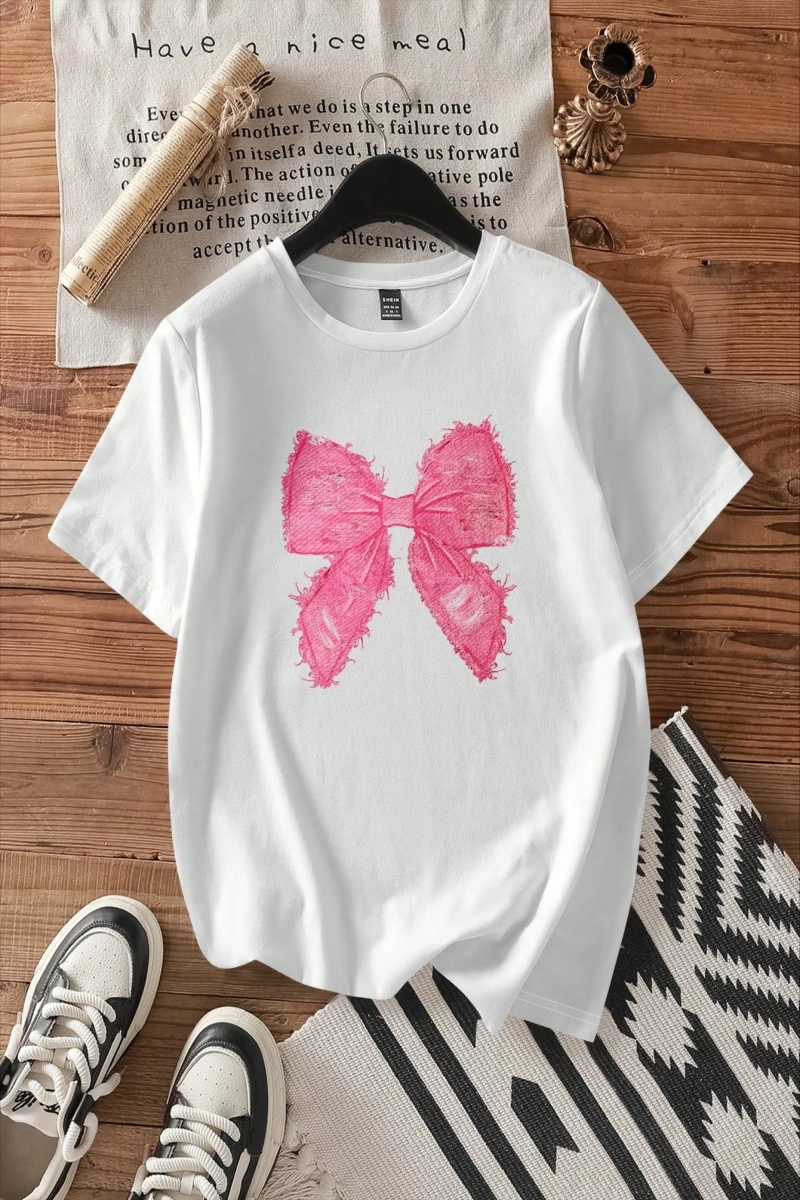 Casual Loose Pembe Fiyonklu Grafik Yuvarlak Yaka Kısa Kollu Kadın Tişörtü, Pamuk Kar