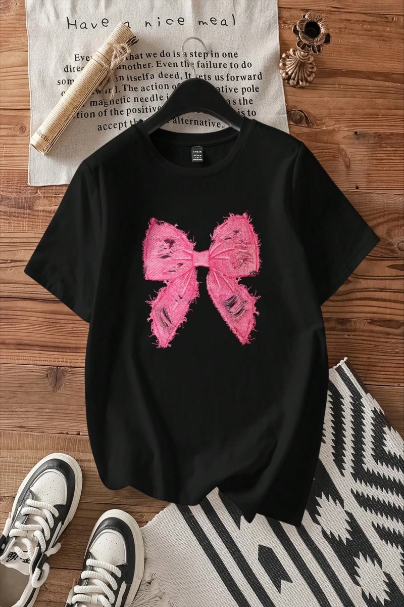 Casual Loose Pembe Fiyonklu Grafik Yuvarlak Yaka Kısa Kollu Kadın Tişörtü, Pamuk Kar