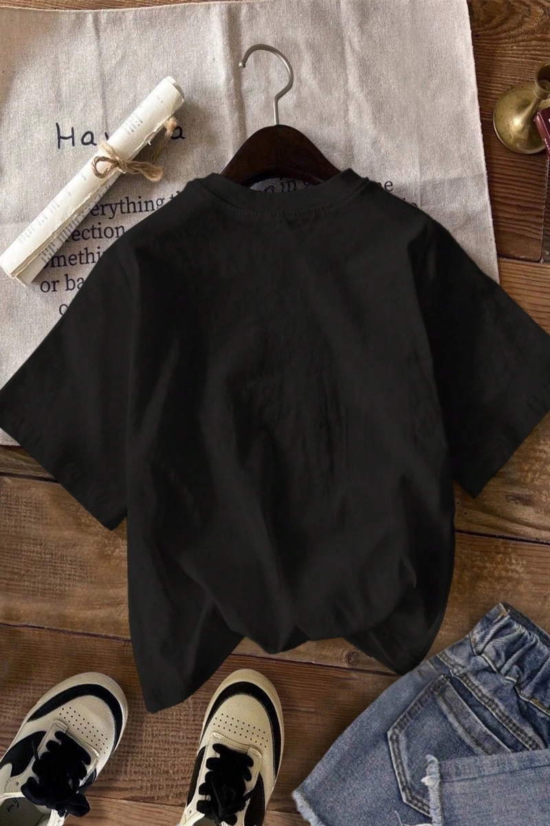 Casual Loose Pembe Fiyonklu Grafik Yuvarlak Yaka Kısa Kollu Kadın Tişörtü, Pamuk Kar