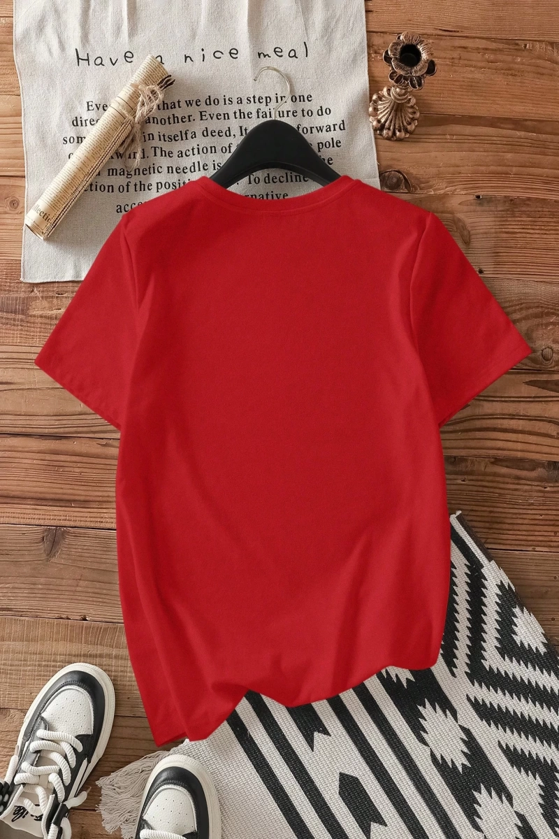 Casual Loose Pembe Fiyonklu Grafik Yuvarlak Yaka Kısa Kollu Kadın Tişörtü, Pamuk Kar