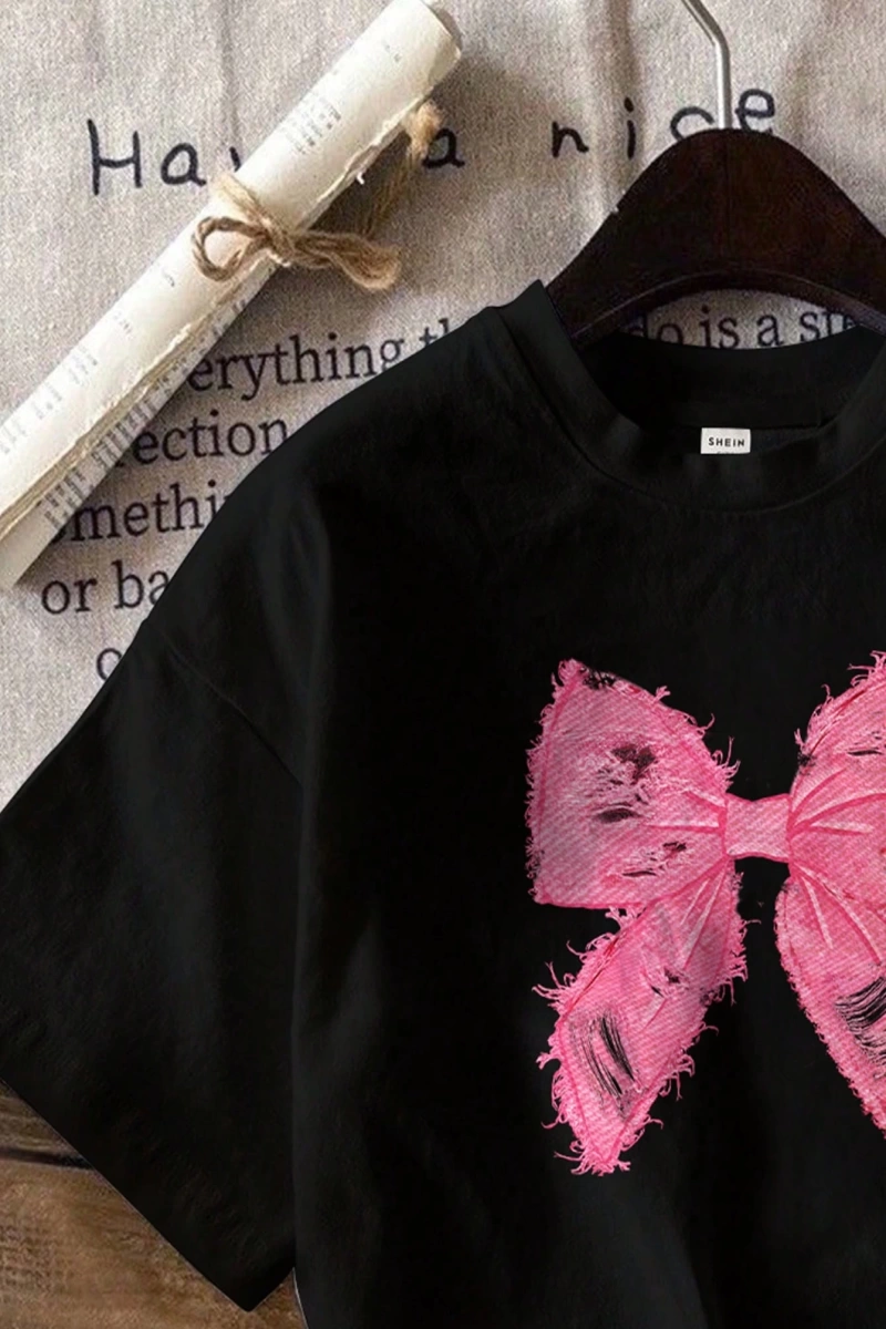 Casual Loose Pembe Fiyonklu Grafik Yuvarlak Yaka Kısa Kollu Kadın Tişörtü, Pamuk Kar