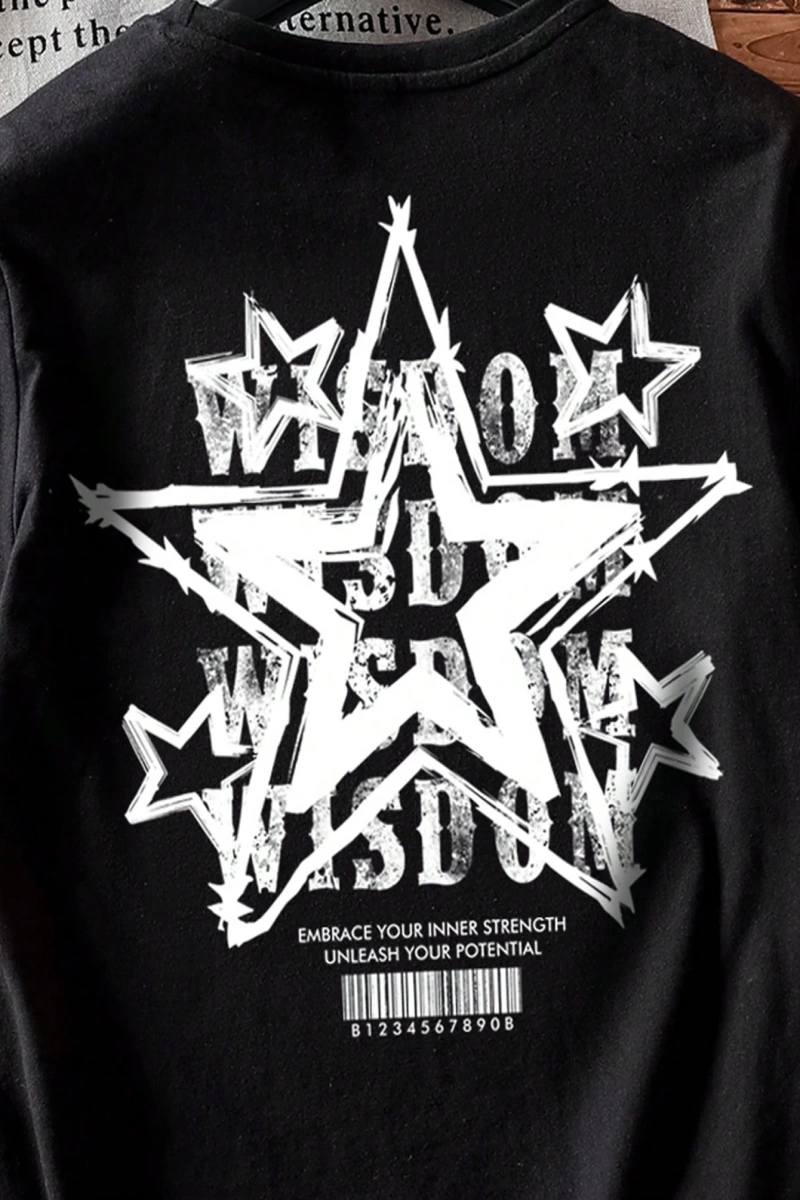 Casual Loose Pentagram Desen Yuvarlak Yaka Kısa Kollu Kadın Tişörtü, Yaz İçin Uygun