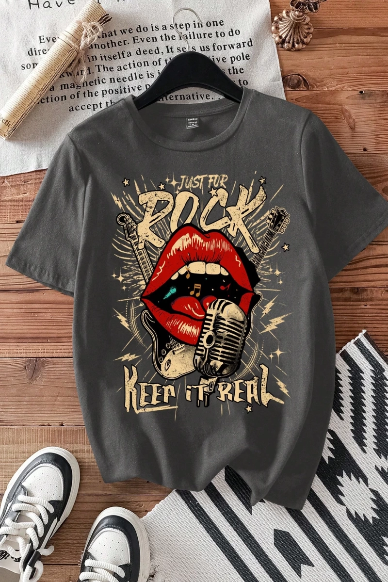 Casual Loose Rock Müzik Dudaklar Grafik Baskılı Yuvarlak Yaka Kısa Kollu Kadın Tişör