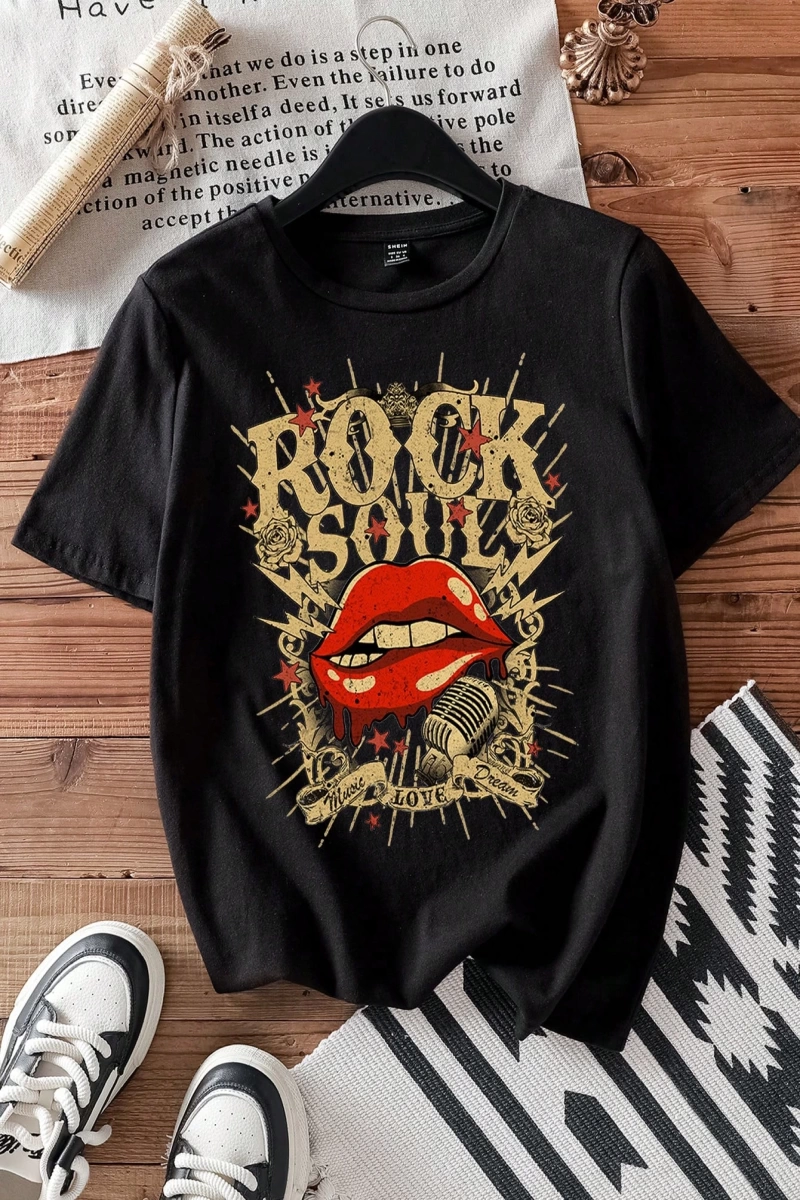 Casual Loose Rock Müzik Dudaklar Grafik Baskılı Yuvarlak Yaka Kısa Kollu Kadın Tişör