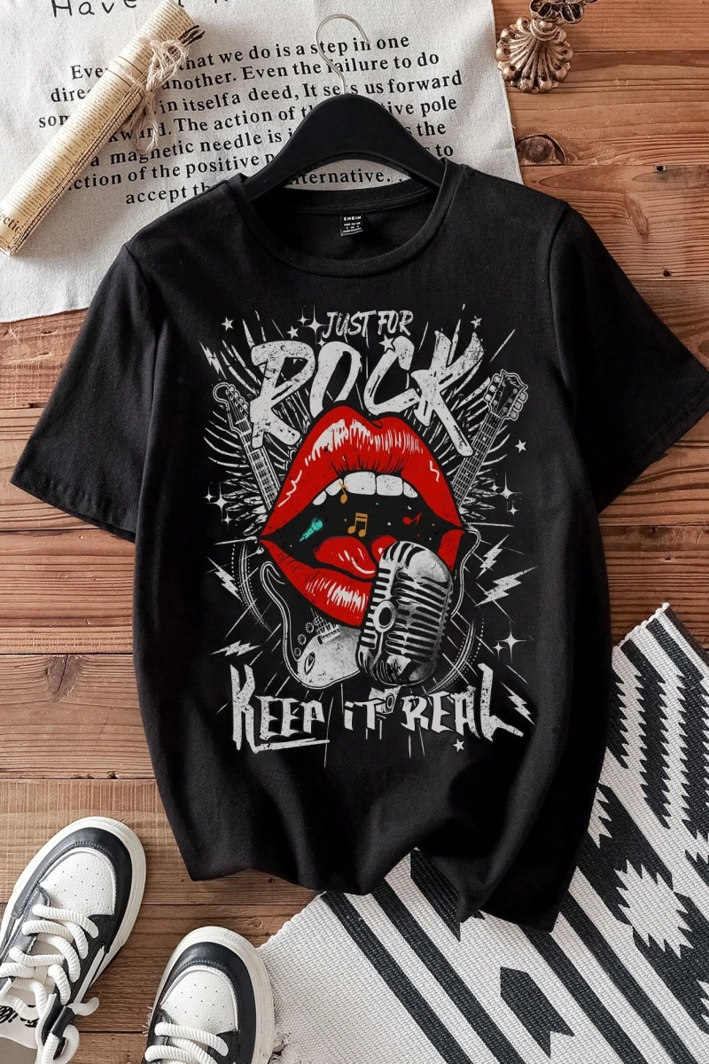 Casual Loose Rock Müzik Dudaklar Grafik Baskılı Yuvarlak Yaka Kısa Kollu Kadın Tişör
