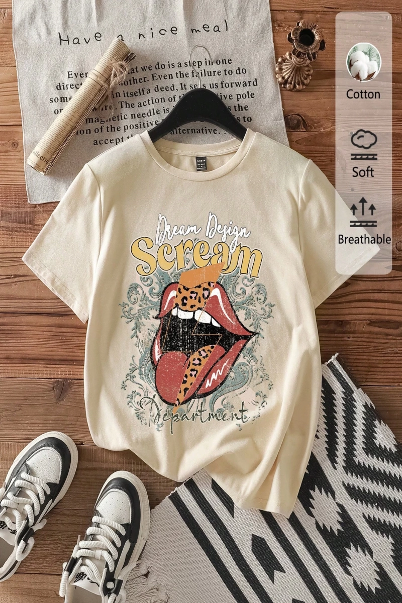 Casual Loose Rock Müzik Dudaklar Grafik Baskılı Yuvarlak Yaka Kısa Kollu Kadın Tişör