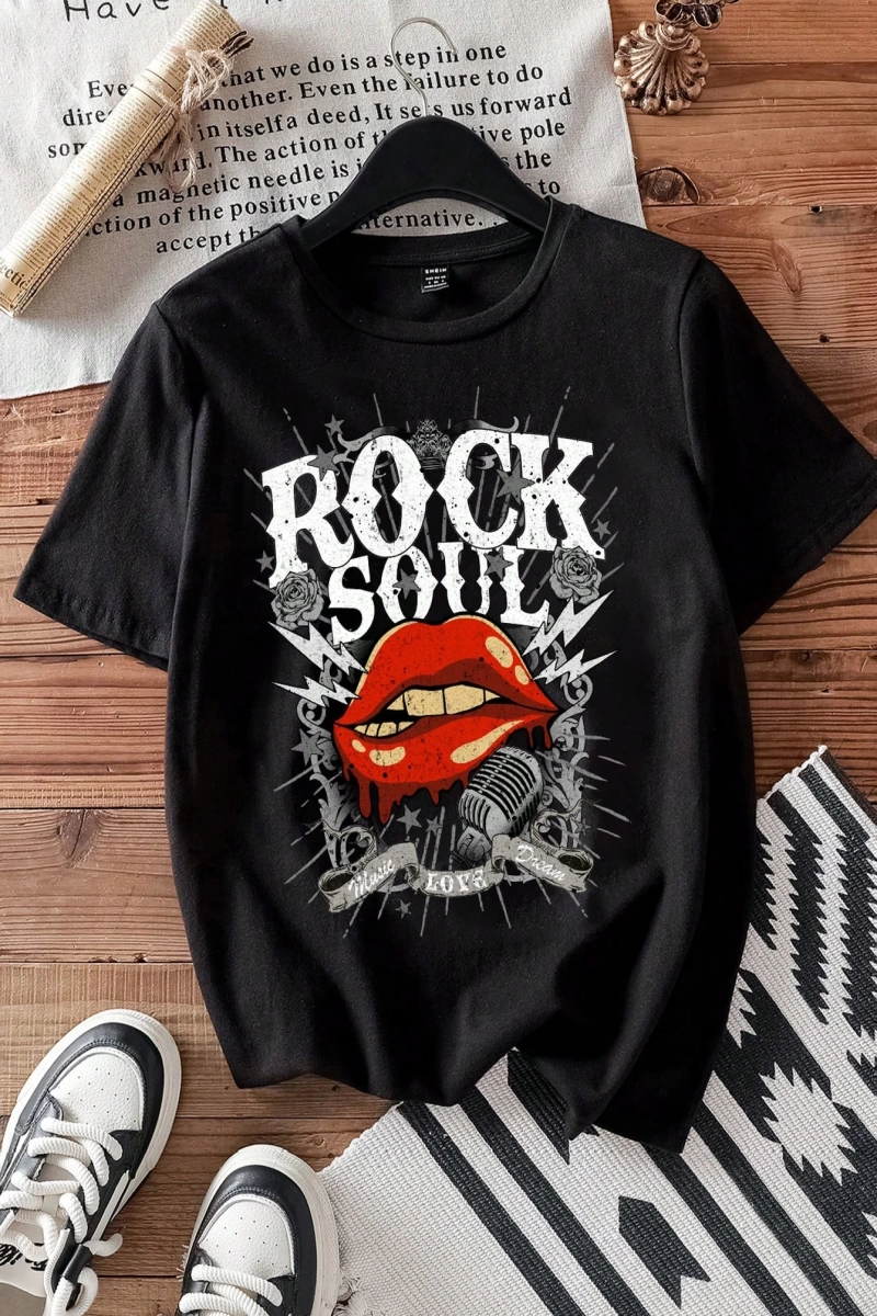 Casual Loose Rock Müzik Dudaklar Grafik Baskılı Yuvarlak Yaka Kısa Kollu Kadın Tişör