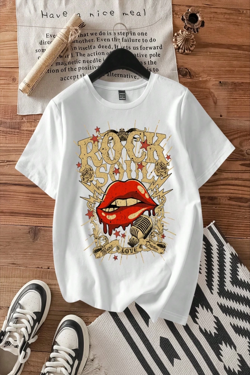 Casual Loose Rock Müzik Dudaklar Grafik Baskılı Yuvarlak Yaka Kısa Kollu Kadın Tişör