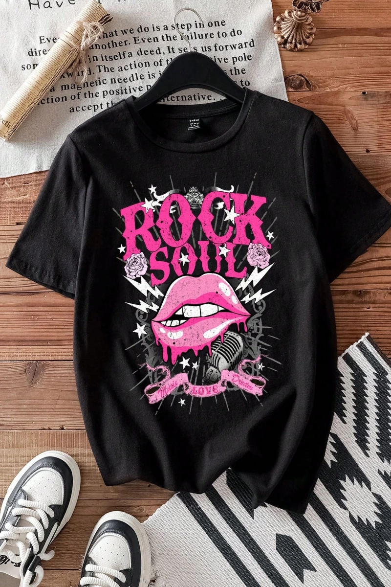 Casual Loose Rock Müzik Dudaklar Grafik Baskılı Yuvarlak Yaka Kısa Kollu Kadın Tişör