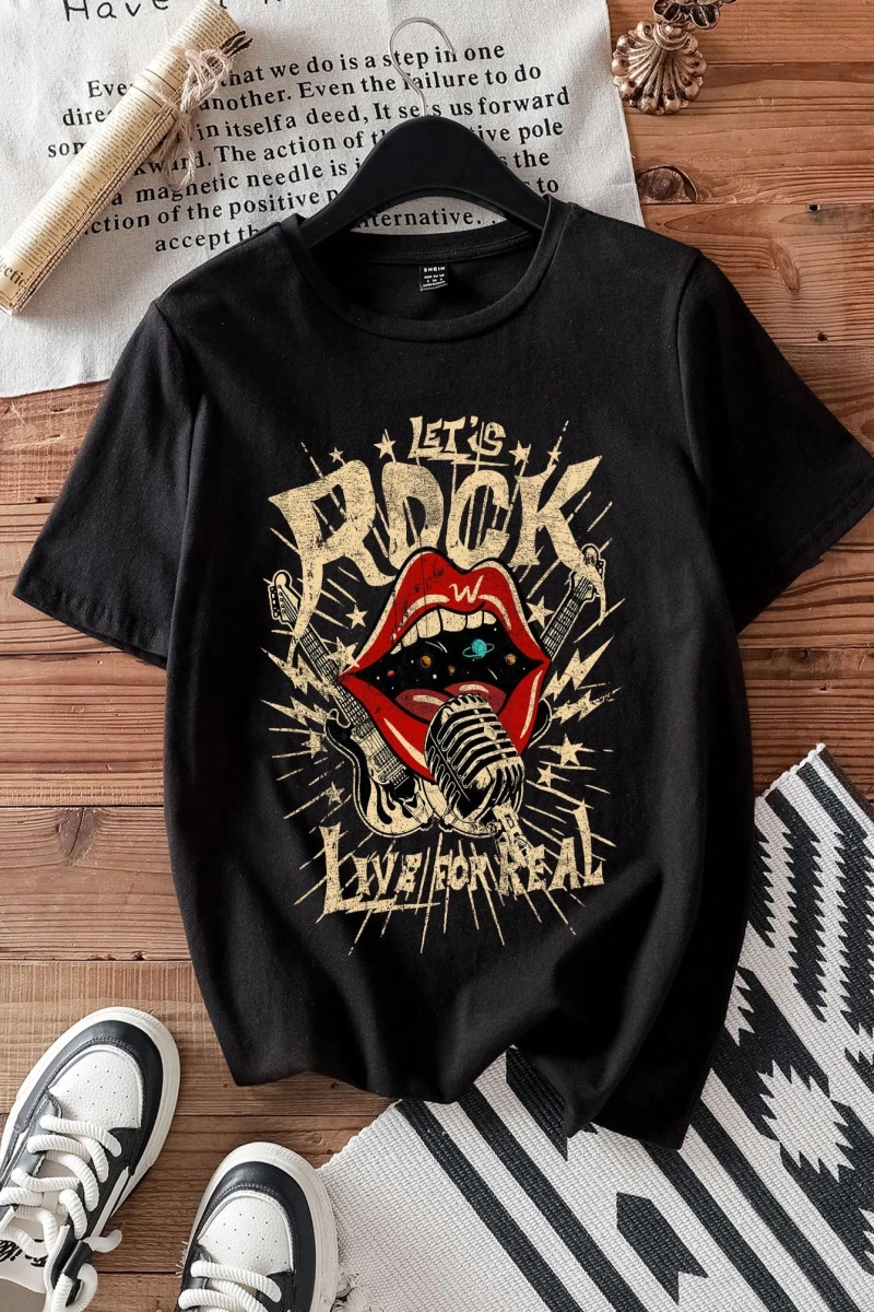 Casual Loose Rock Müzik Dudaklar Grafik Baskılı Yuvarlak Yaka Kısa Kollu Kadın Tişör