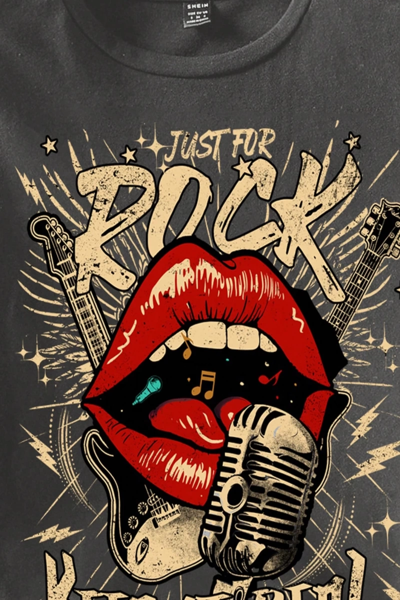 Casual Loose Rock Müzik Dudaklar Grafik Baskılı Yuvarlak Yaka Kısa Kollu Kadın Tişör