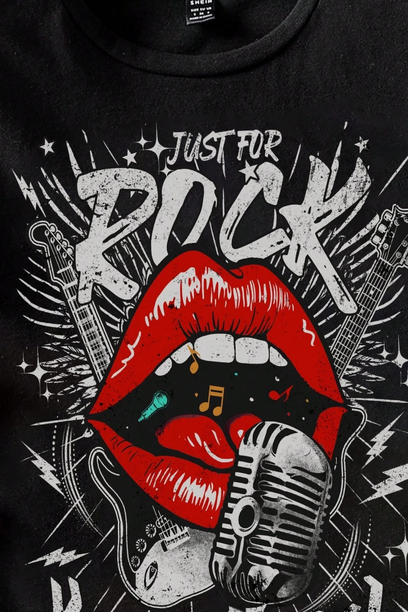 Casual Loose Rock Müzik Dudaklar Grafik Baskılı Yuvarlak Yaka Kısa Kollu Kadın Tişör